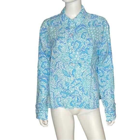Lilly Pulitzer Coralynn Button Down Shirt Resort White Goombay Grooves Sz L - Picture 2 of 7